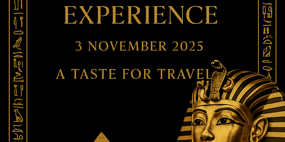 Black and gold poster with Tutankhamun’s mask, pyramids, and Explore Egypt Tours logo promoting an exclusive event on 3 November 2025