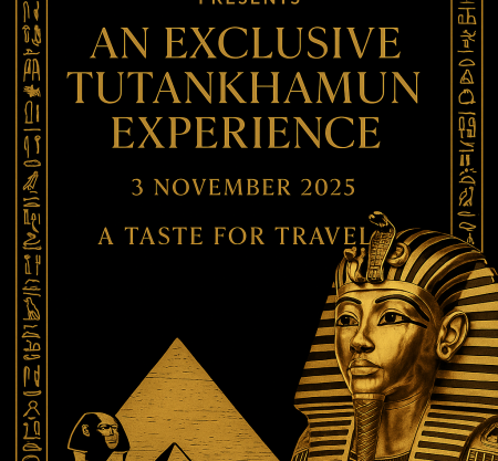 Black and gold poster with Tutankhamun’s mask, pyramids, and Explore Egypt Tours logo promoting an exclusive event on 3 November 2025