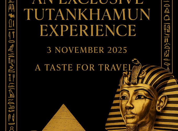 Black and gold poster with Tutankhamun’s mask, pyramids, and Explore Egypt Tours logo promoting an exclusive event on 3 November 2025