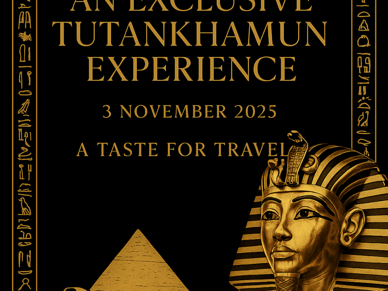 Black and gold poster with Tutankhamun’s mask, pyramids, and Explore Egypt Tours logo promoting an exclusive event on 3 November 2025