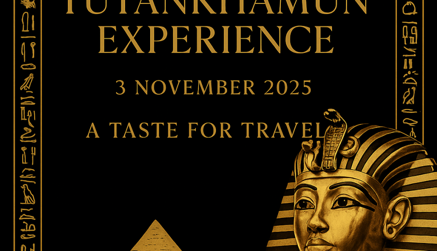 Black and gold poster with Tutankhamun’s mask, pyramids, and Explore Egypt Tours logo promoting an exclusive event on 3 November 2025