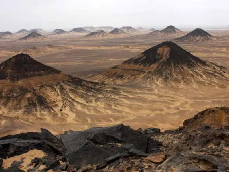 Dunas de arena oscura en el Desierto Negro de Egipto bajo un cielo despejado.