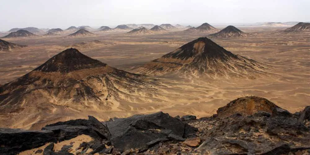 Dunas de arena oscura en el Desierto Negro de Egipto bajo un cielo despejado.