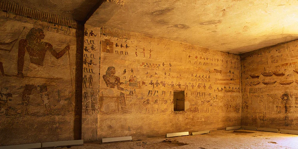 Ancient tombs of Beni Hassan carved into cliffs in Egypt