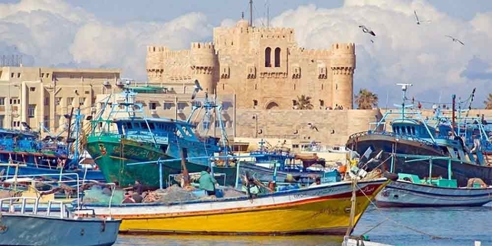 A scenic view of the historic Citadel of Qaitbay in Alexandria, featuring its massive stone towers and defensive walls under a bright sky. In the foreground, several colorful traditional fishing boats in blue and yellow are docked in the Mediterranean harbor during an Alexandria Discovering from Alexandria Port. The water is calm with a few seagulls flying near the ancient fortress, creating a perfect coastal scene