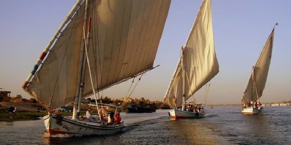 Three traditional Egyptian felucca sailboats with large white triangular sails gliding across the Nile River at sunset. The wooden boats are filled with passengers, with the riverbank and green trees visible in the background under a warm sky during a trip from Sokhna Port