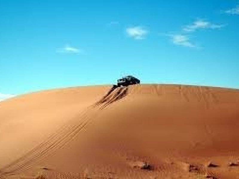 A 4x4 off-road vehicle driving on top of a massive golden sand dune under a clear blue sky in the desert. Adventure scene capturing dune tracks and vast empty desert landscape during Grand Safary in Ghost City