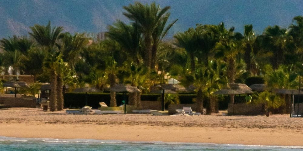 A small motorboat floating on clear turquoise water near a sandy beach lined with palm trees and sun loungers. Peaceful coastal scene with mountains in the background during Grand Safary in Ghost City