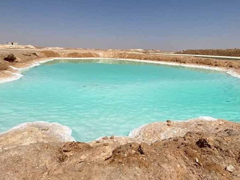 Une vue imprenable sur un bassin de sel turquoise cristallin au milieu du désert de Siwa. L'eau d'un bleu vif est entourée de bords blancs formés de croûtes de sel naturel, avec des monticules de terre brune et de sable tout autour. À l'horizon, le paysage désertique s'étend sous un ciel clair et dégagé.