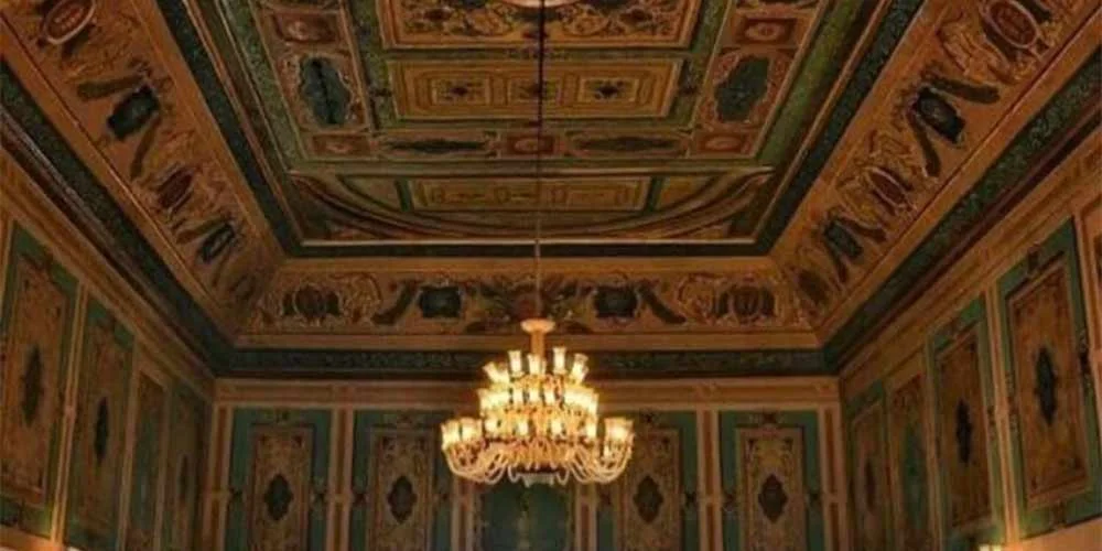 Interior view of Manial Palace on Rawda Island featuring detailed Islamic and Ottoman architectural decorations