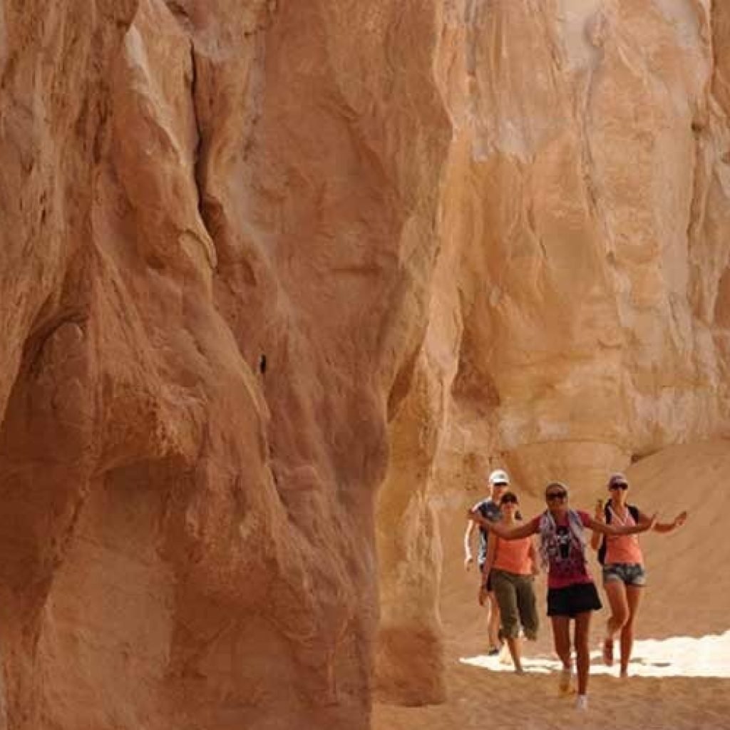 Four female tourists walking through a narrow passage between high, winding sandstone walls in a desert canyon during their safari trip. The towering rock formations feature smooth, wavy textures in shades of tan and orange, illuminated by bright natural sunlight from above. The ground is covered in soft, pale sand as the group explores the deep, natural geological corridor