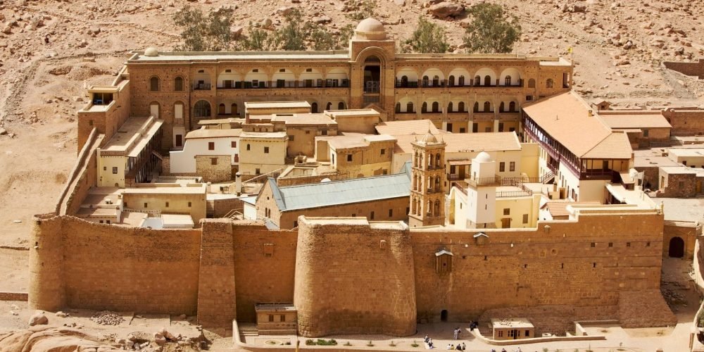 Aerial view of Saint Catherine’s Monastery, a fortified ancient monastery surrounded by the mountains of Sinai in Egypt.