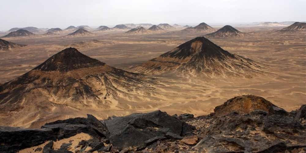 A high-angle panoramic view overlooking multiple conical black volcanic mountains spread across a vast sandy plain in the Bahariya desert.