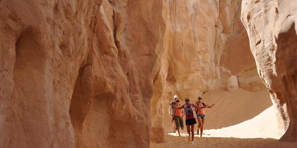 Turistas explorando o Deserto do Sinai em um passeio pelo cenário árido e impressionante.