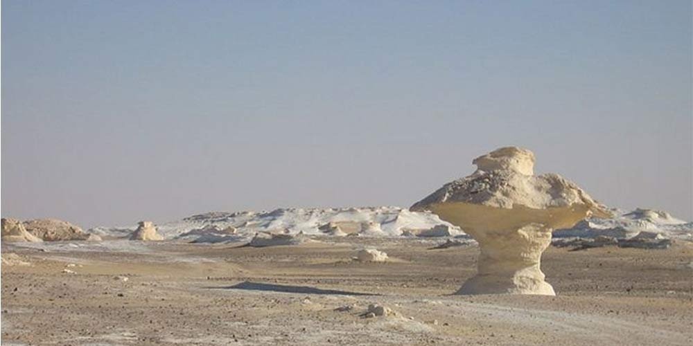 Unique mushroom-shaped limestone rock formations in the White Desert of Egypt.